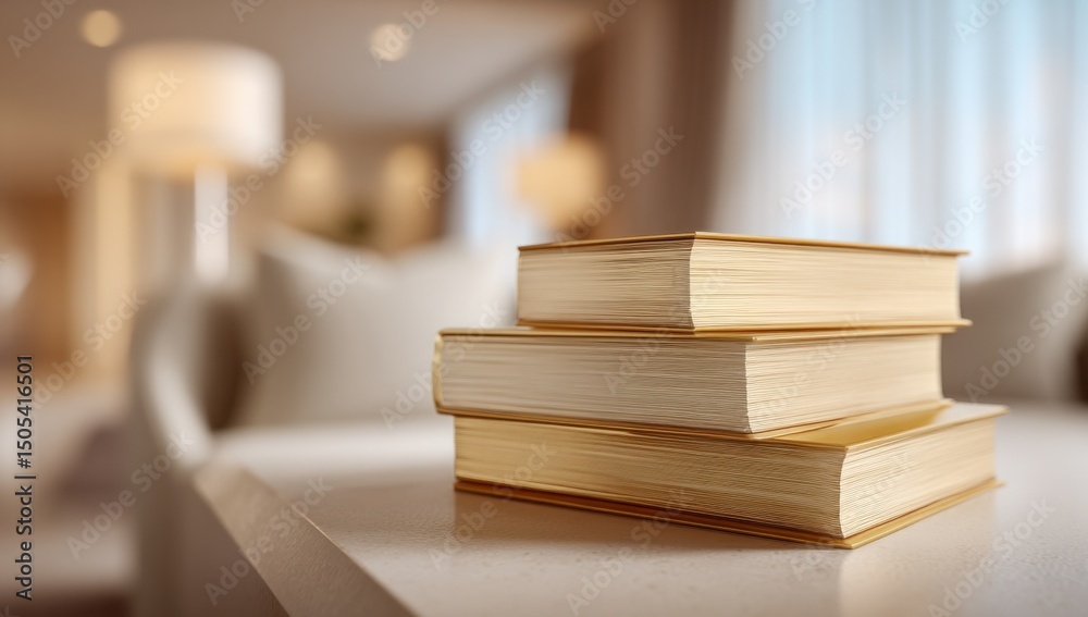 Poster Stack of Books on a Table in a Bright Room, Representing Knowledge, Education, and a Love of Reading for Personal Enrichment and Lifelong Learning : Generative AI