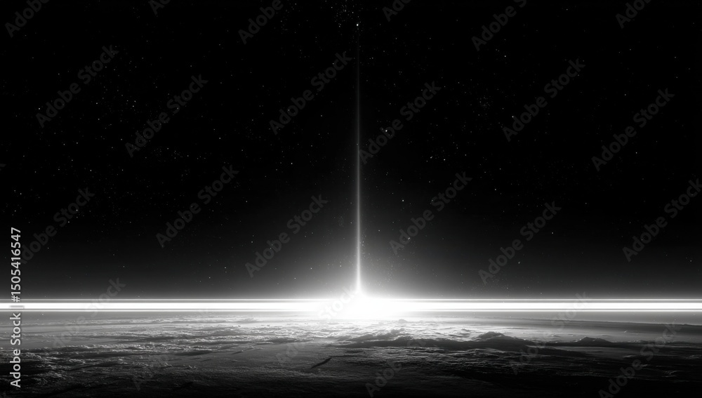 Poster Monochrome View of Earth From Space With Light Beam, Representing Innovation and Technological Advancement in the Exploration Sector : Generative AI