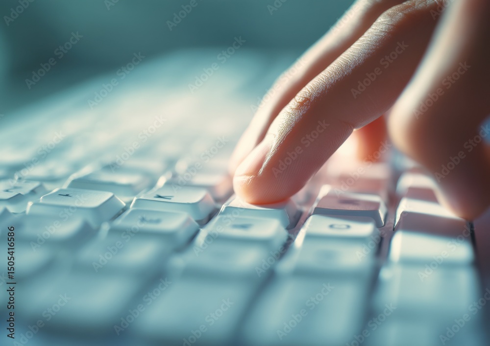 Aufkleber hand typing on white keyboard, representing productivity and digital communication in the modern wor