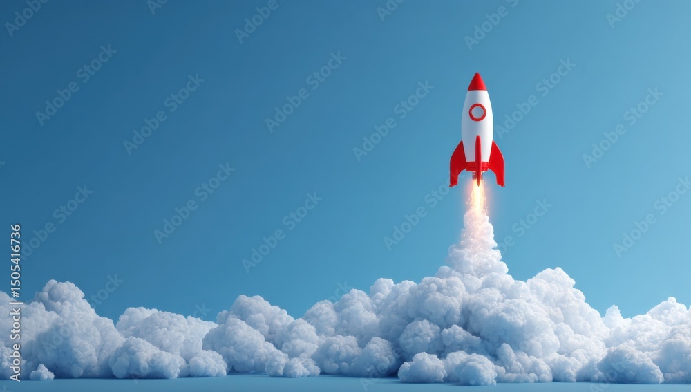 Poster rocket launching into blue sky with clouds, symbolizing business startup and innovation in technolog