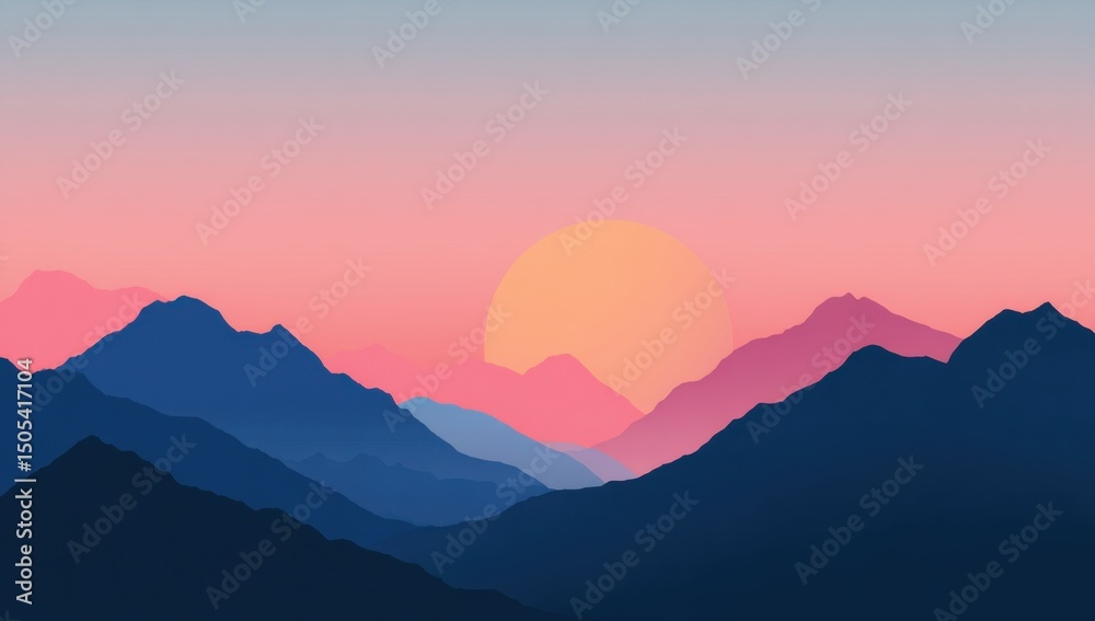Poster minimalist mountain range at sunset with soft gradients, representing tranquility and environmental 