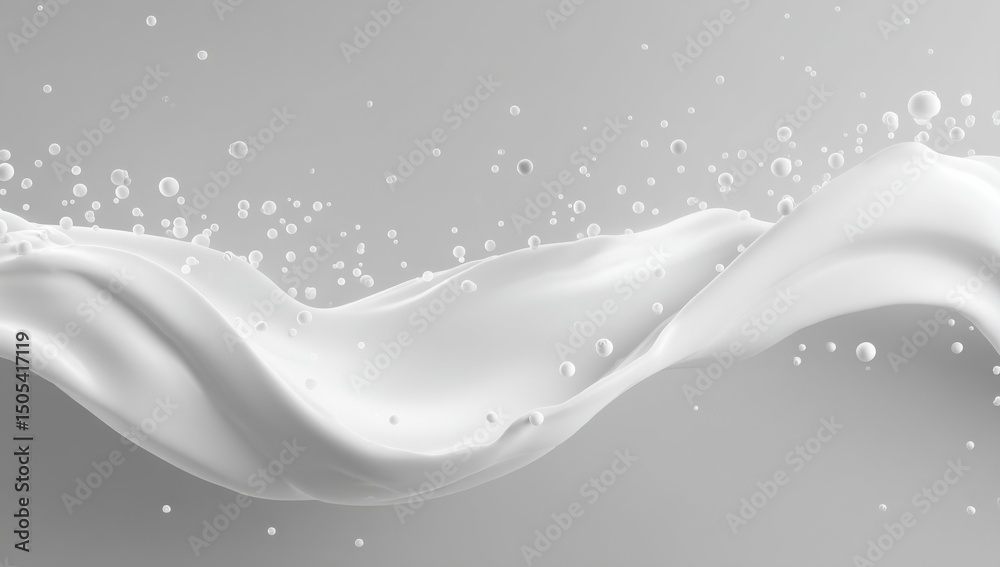 Poster abstract white liquid swirl with floating spheres, symbolizing purity and innovation in product desi