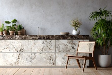 Modern kitchen design featuring a light gray and brown marble countertop.
