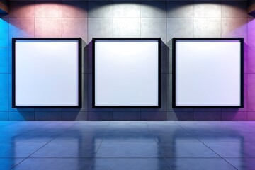 3D rendering, mockup of three blank white posters in black frames on grey wall background in abstract subway with concrete glossy floor.	
