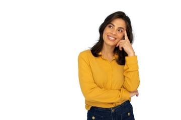 Confident professional woman touching forehead, smiling while brainstorming creative solution, white background