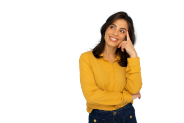 Confident professional woman touching forehead, smiling while brainstorming creative solution, white background