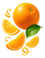 Whole orange with slices, peel curls, and a fresh green leaf.