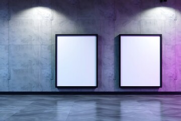 3D rendering, mockup of three blank white posters in black frames on grey wall background in abstract subway with concrete glossy floor.	

