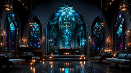 Fototapeta premium Catholic church inside interior stuff glass stained window, altar and wooden bench, cross, tribune, wall lamp, candles isolated on white background. Cartoon vector cathedral furniture and accessories