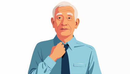 Elderly man adjusting necktie in clean vector style, formal attire