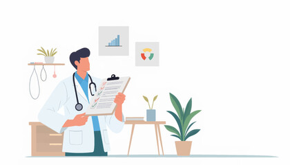 Doctor reviewing test results in minimalistic hospital room, healthcare