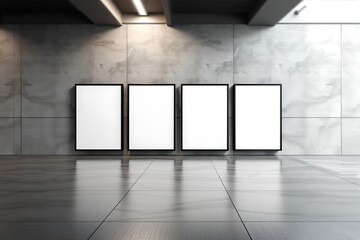 3D rendering, mockup of three blank white posters in black frames on grey wall background in abstract subway with concrete glossy floor.	
