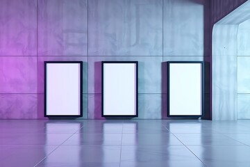 3D rendering, mockup of three blank white posters in black frames on grey wall background in abstract subway with concrete glossy floor.	
