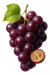 Obraz premium A bunch of ripe red grapes with a green leaf and a sliced grape showing seeds on the vine.