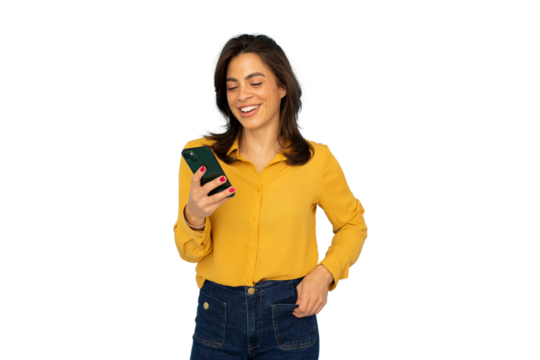 Smiling mature female browsing smartphone, reading text message, standing against transparent background