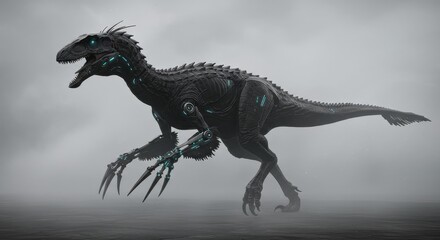 Fototapeta premium Realistic raptor dinosaur in foggy terrain with natural lighting