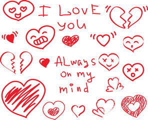 Set of cute hearts hand drawn with a red brush with curved outlines. I love you inscription, always on my mind inscription, hearts with face, with facial expression, broken heart, shaded heart