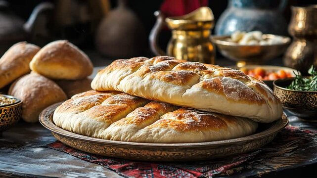 Freshly baked bread on rustic table with antique tableware in warm light sequence