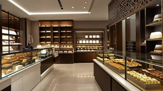 Luxurious bakery interior showcasing elegant display counters and delicious pastries