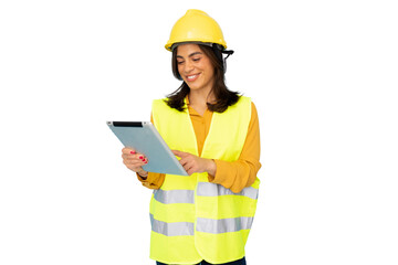 Female architect wearing safety helmet and vest is smiling while using digital tablet on a transparent background