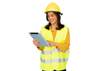 Female architect wearing safety helmet and vest is smiling while using digital tablet on a transparent background