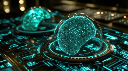 Holographic projection of a neural network within a glass dome.