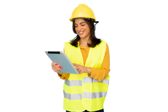 Female architect wearing safety helmet and vest is smiling while using digital tablet on a transparent background