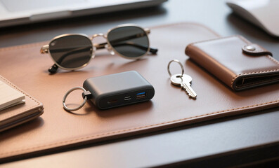 Everyday Carry Essentials Arranged on Leather Surface with Power Bank, Sunglasses, Key, Wallet and Notebook