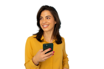 Professional female smiling, holding smartphone, typing text message, networking on digital device, white transparent backdrop