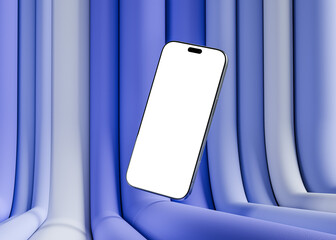 A smartphone with a blank screen floats against a modern, abstract rounded  blue  and white background. CGI render