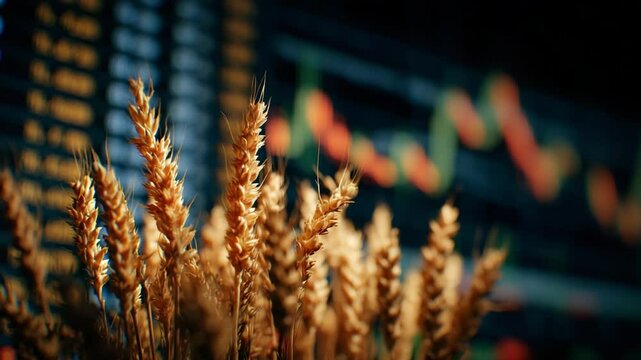 Close-up of ripe wheat heads with a blurred background showing a financial trading chart, representing agricultural commodities in the global economy