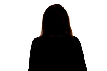 Silhouette of young woman using smartphone on white background