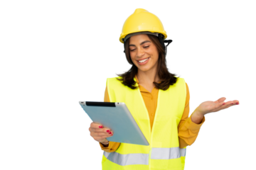 Happy architect wearing safety helmet and vest holding tablet and gesturing with hand presenting something on transparent background