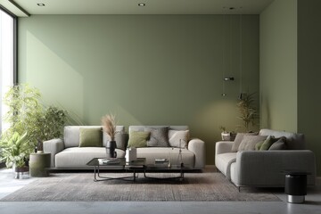 Modern living room with sage green walls and gray furniture.