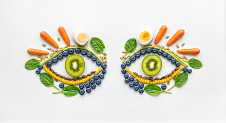 Flat Lay Top View  Composition of Shape of Pair of Two Eyes from Healthy Food for Eye and Vision Health  on White Surface 