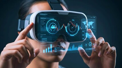 Person using virtual reality headset to interact with data visuals and graphs in a dark environment - Powered by Adobe
