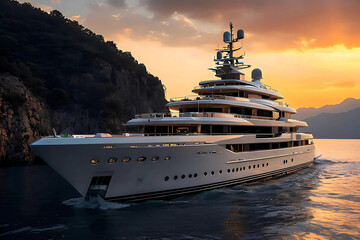 Luxury Yacht Anchored by Cliffside at Sunset Digital Illustration