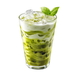 Glass of iced matcha latte with milk isolated on white, ideal for organic tea promotions and menus.