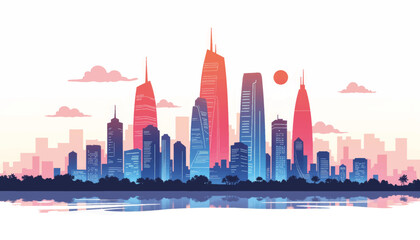 Naklejka premium Futuristic city skyline with high-rise buildings at sunset, urban vision