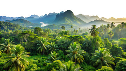 Obraz premium view of tropical forest with mountains isolated on white background