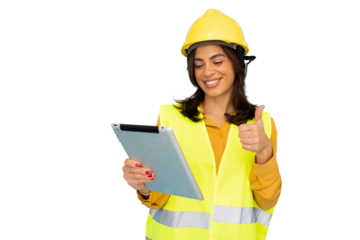 Professional female engineer checking digital tablet, wearing safety gear, giving thumbs up sign, isolated white backdrop