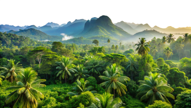 view of tropical forest with mountains isolated on white background