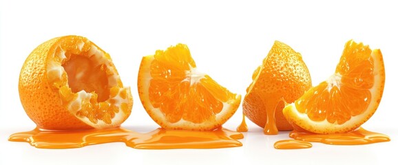 Three juicy orange segments and a squeezed orange with dripping juice, isolated on white