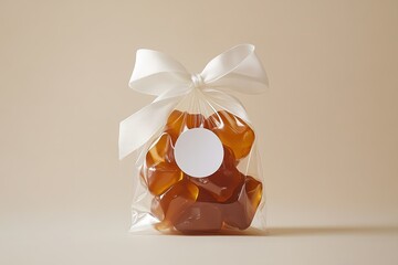 Amber gummy bears in cellophane bag with white bow