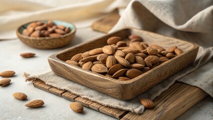 A wooden tray overflowing with almonds, set on a rustic surface with a second bowl.