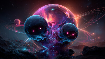 Set of planetarium banner templates. Cartoon vector illustration of alien planets glowing with neon craters against starry dark sky background. Space galaxy exploration, astronomy science event promo