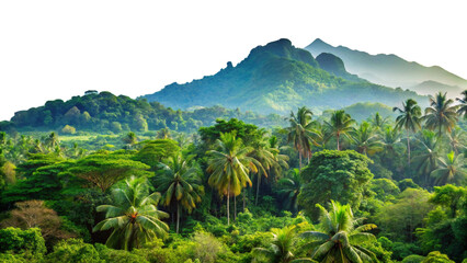 Fototapeta premium view of tropical forest with mountains isolated on white background
