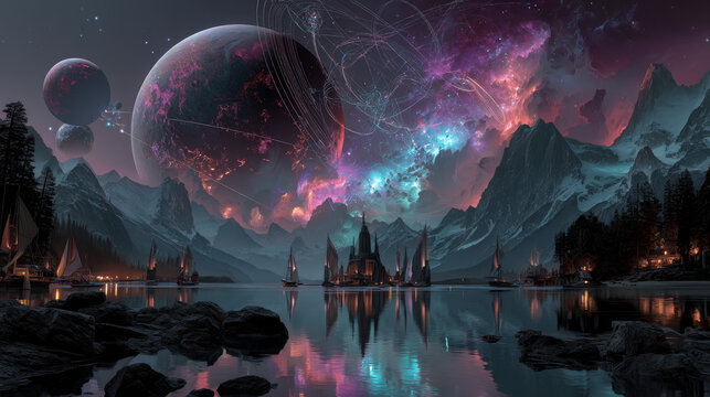 Set of planetarium banner templates. Cartoon vector illustration of alien planets glowing with neon craters against starry dark sky background. Space galaxy exploration, astronomy science event promo