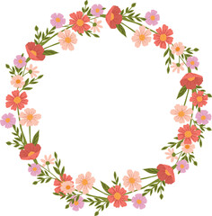 A hand-drawn floral illustration is a round frame with an empty space for text. It is ideal for decorating summer-themed goods and invitations.