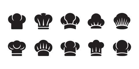A set of solid black chef's hat icons on white background
